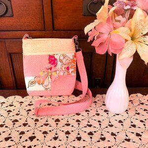 Handmade Cotton Crossbody Bag with Magnetic Snap Closure And Shabby Chic Flower